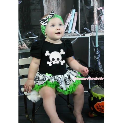 Halloween Black Baby Bodysuit Crown Skeleton Pettiskirt & White Skeleton & Dark Green Headband Zebra Satin Bow JS3970